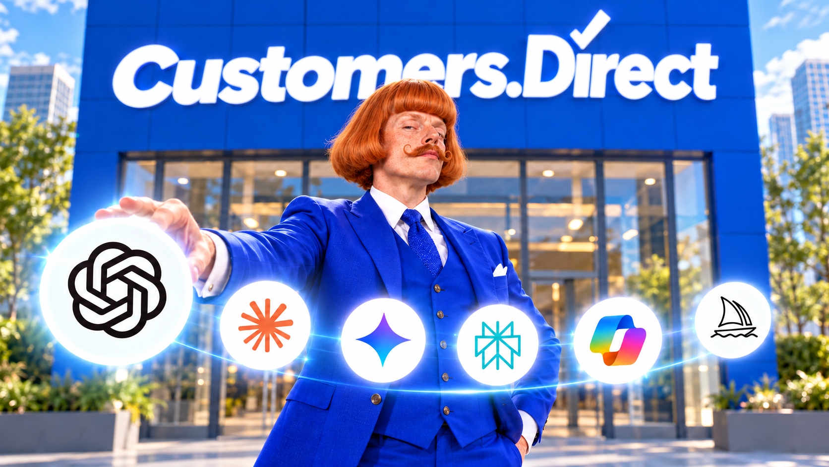 Mr. Direct in front of Customers.Direct with AI assistant icons